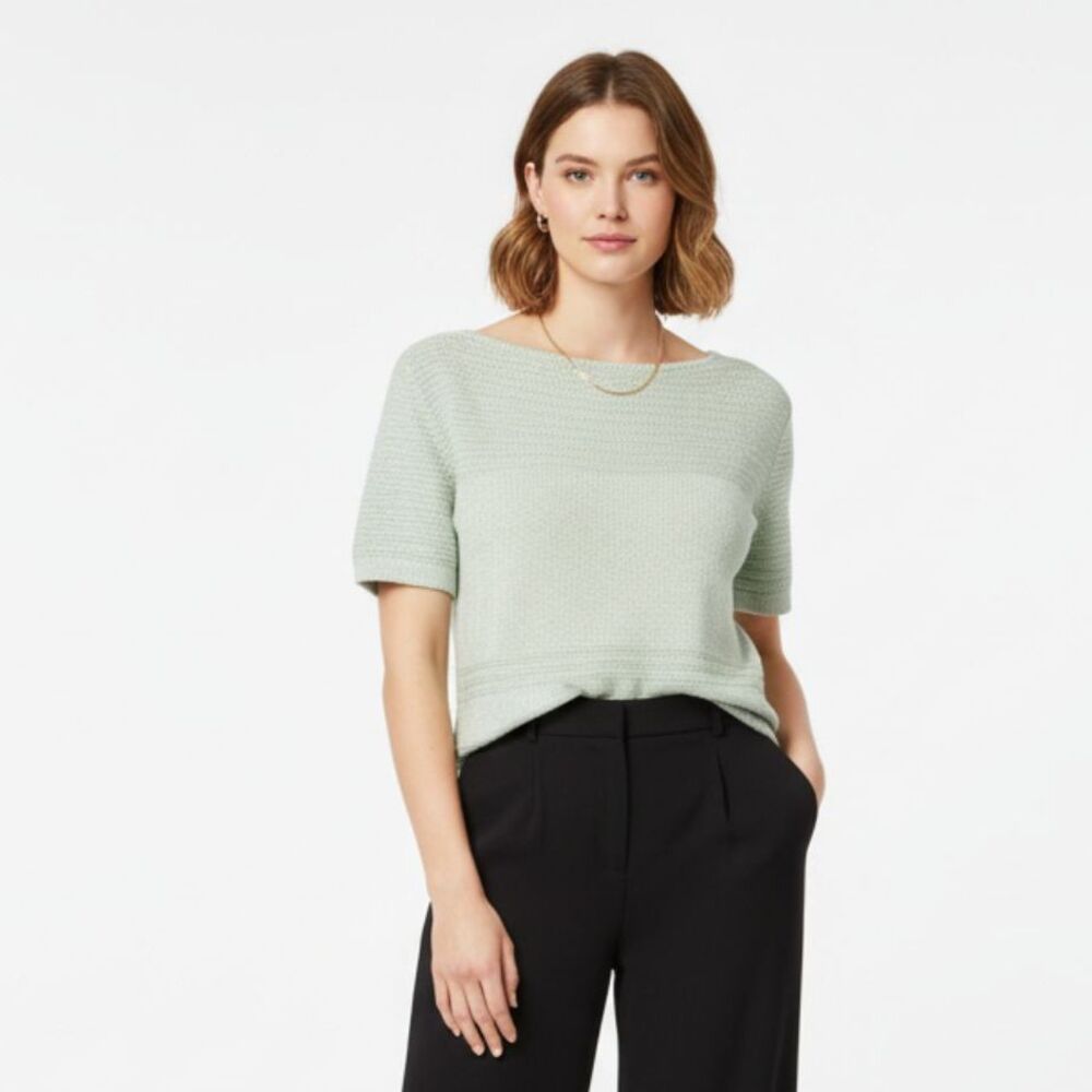 St John Pale Blue Short Sleeve Knit Metallic Woven Sweater L